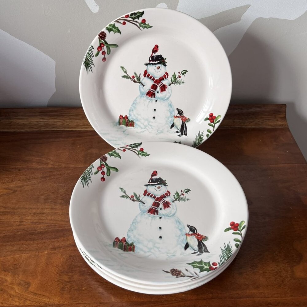 Set of 4 Pier 1 Winter Wonders Ironstone 9" Salad Plates Snowman Christmas NICE
